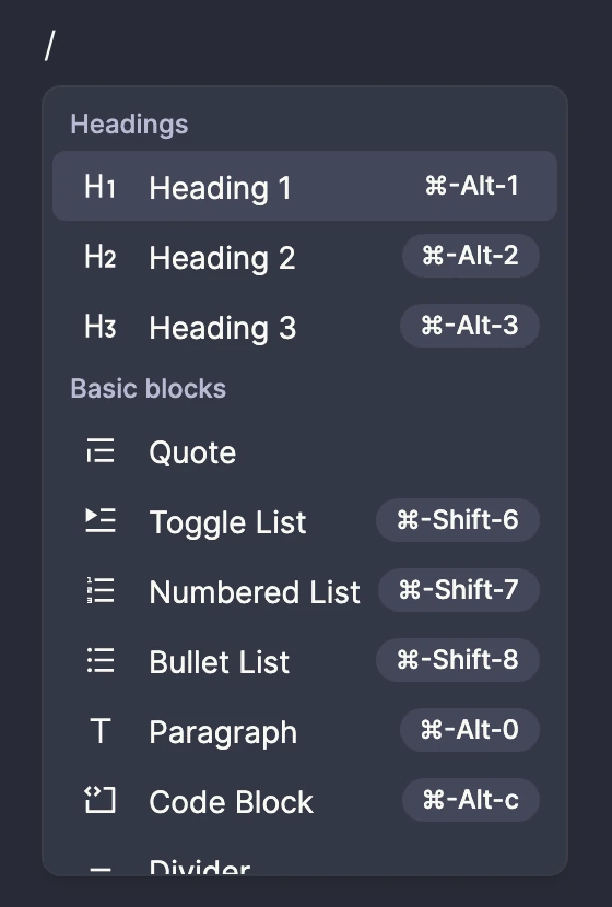 The slash menu open inside a page, showing block types you can insert into your notes.