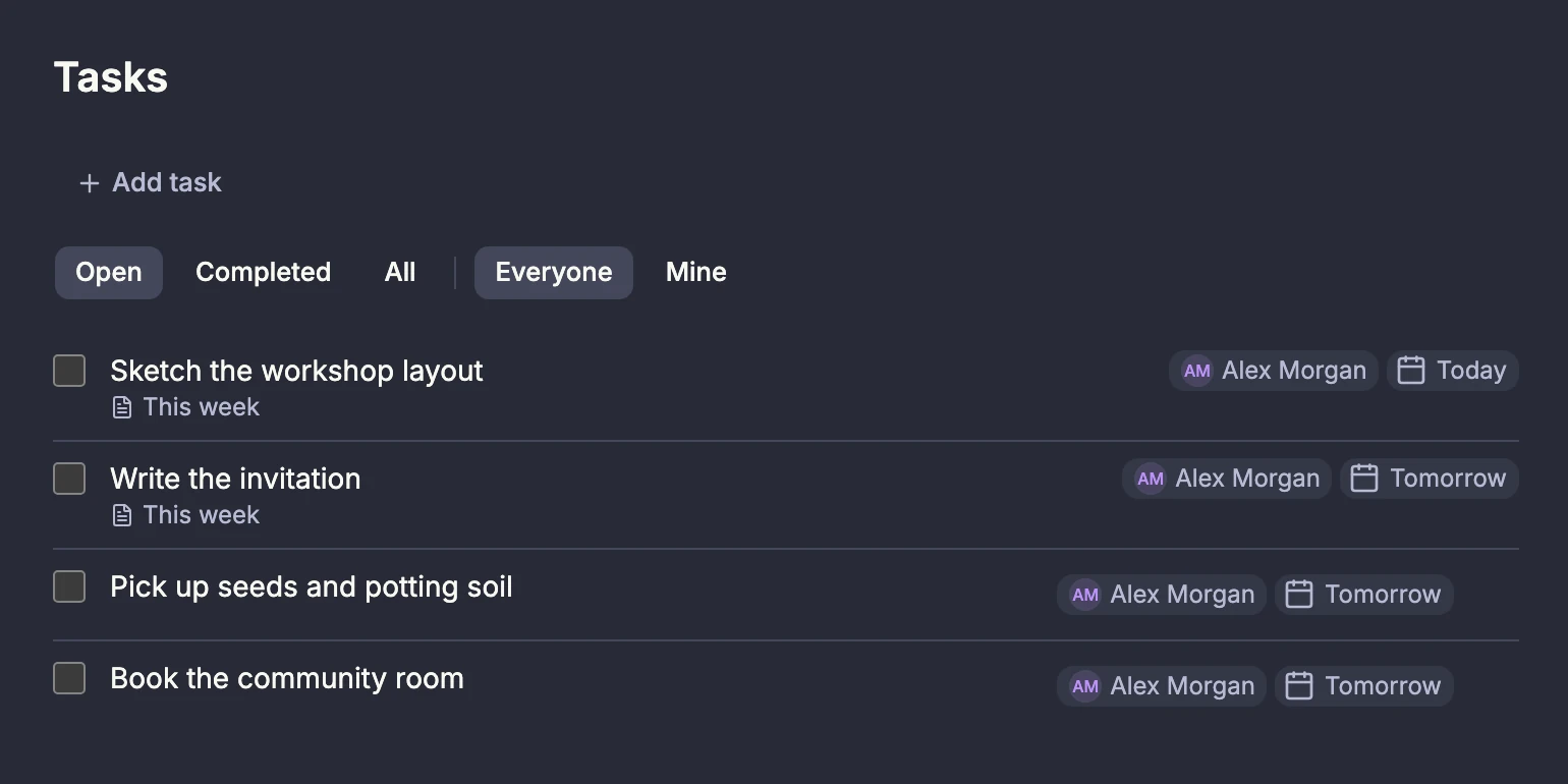 The Tasks view with Open and Everyone selected, showing page tasks linked to This week alongside standalone tasks, with assignees and due dates.